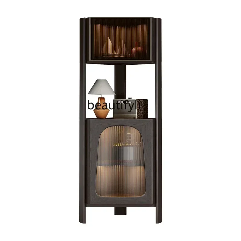 D32 T French retro solid wood corner cabinet, black triangle, living room and dining room corner storage, corner rack
