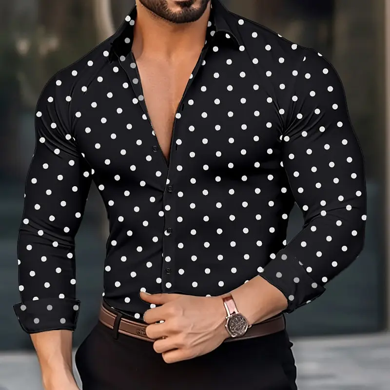 Camisa de manga larga con estampado de lunares en 3D para hombre, camisa informal de lujo de alta gama con solapa y botones, novedad de 2023