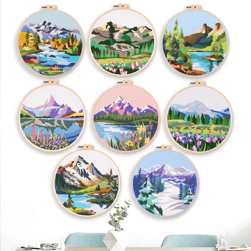 Mountain Embroidery Kit for Beginners Adults, Hand Cross Stitch Kit with Printed Patterns Embroidery NeedlesThread