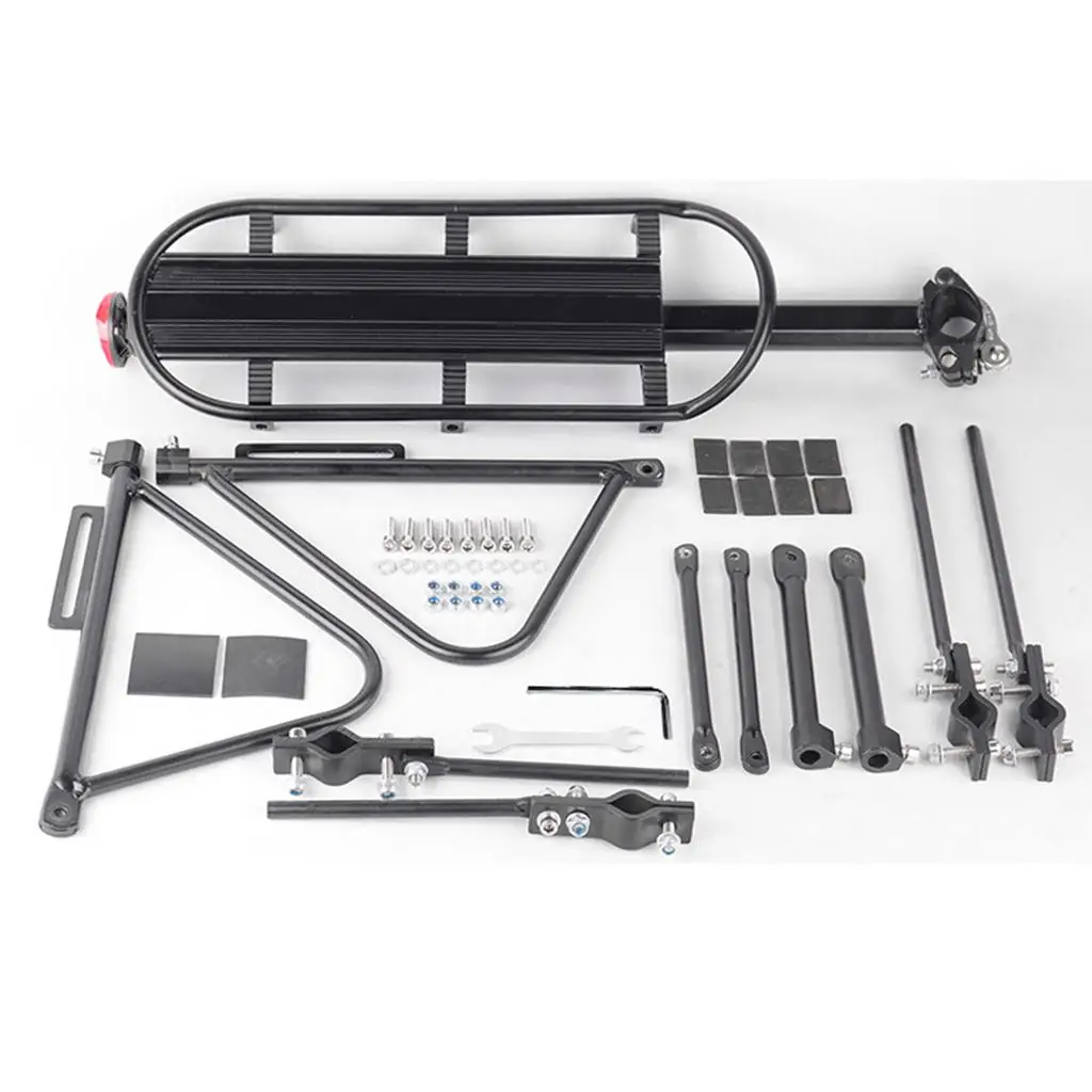 Rear Bike Luggage Rack Heavy Duty Frame Mounted Touring Load Shelf Pannier Support with Light for 24 to
