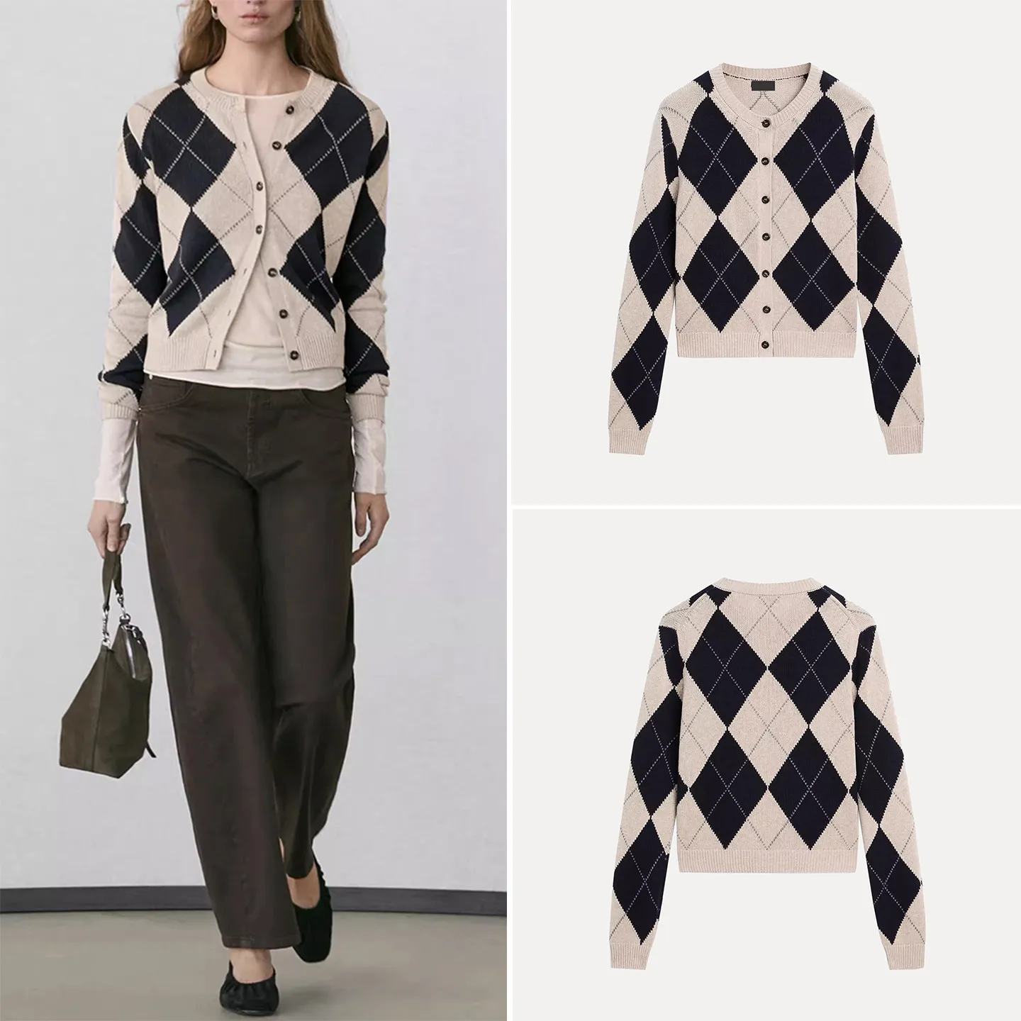 

Women's Knitted round Neck Open Front Shirt Retro Diamond Pattern Casual Style Slim Fit Long Sleeve Spring New Arrival