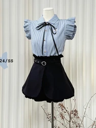 Summer Women Preppy 2000s Aesthetic Korean Cute Core Outfits 2 Piece Set Striped Sleeveless Shirts + High Waist Skirts Culottes