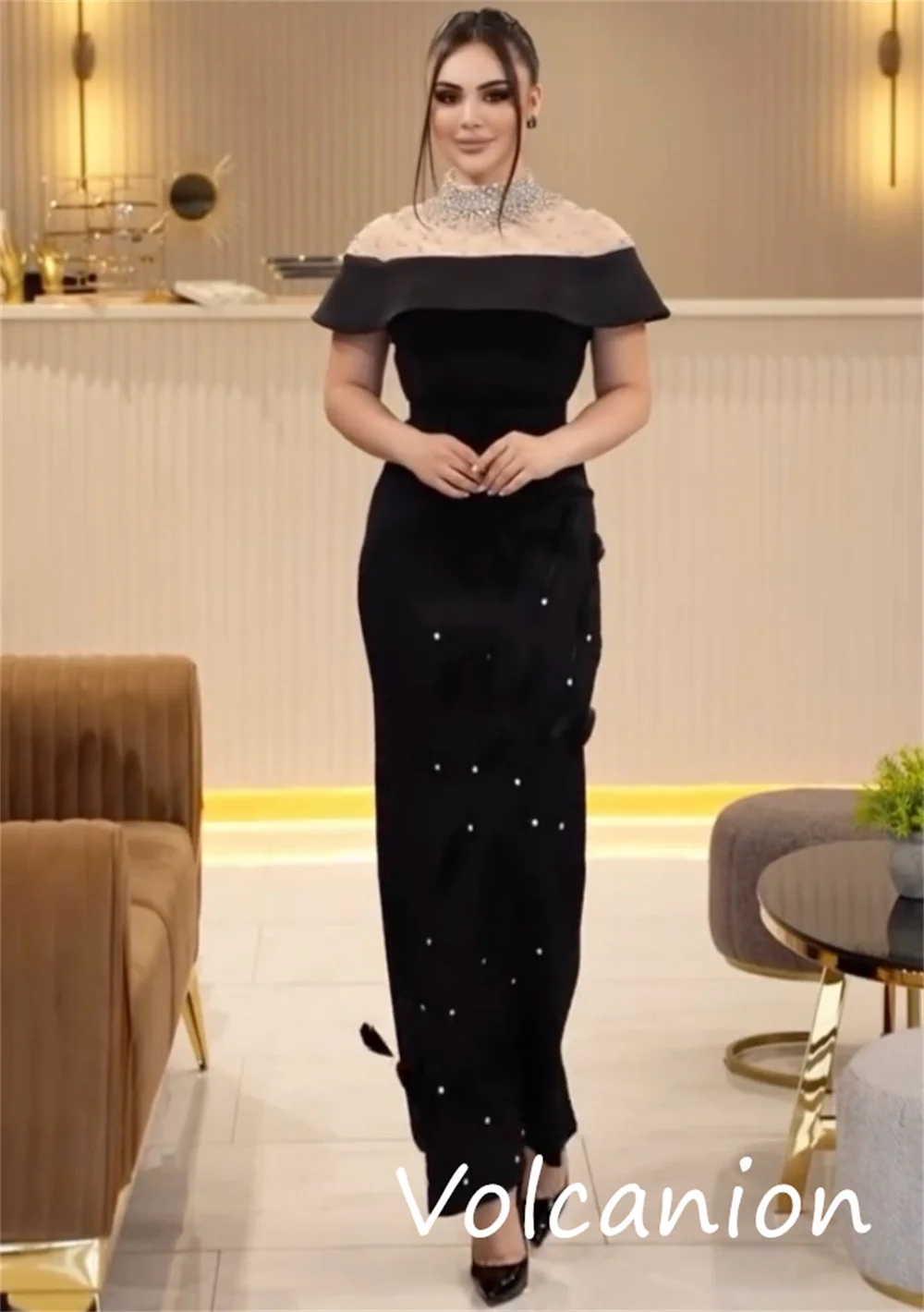 カスタマイズされたファッションクラシックジャージースパンコールプリーツストレートハイカラーミディド​​レスオーダーメイドオケージョンパストロール