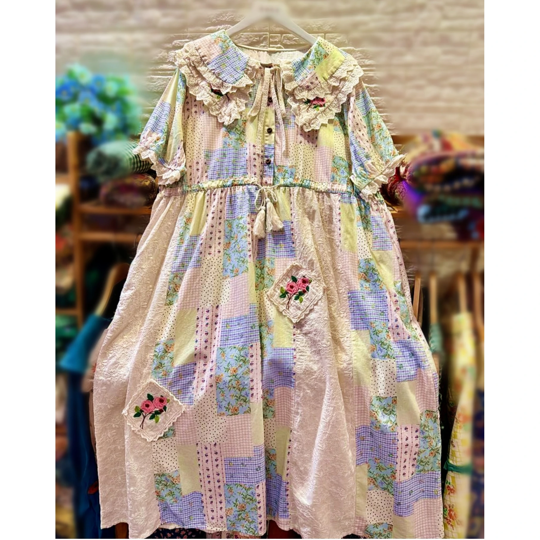 

Vintage Cotton Patchwork Lace Floral Embroidery Midi Dress Summer Women Rococo Shabby Chic Retro Cottage Core Evening Long Dress