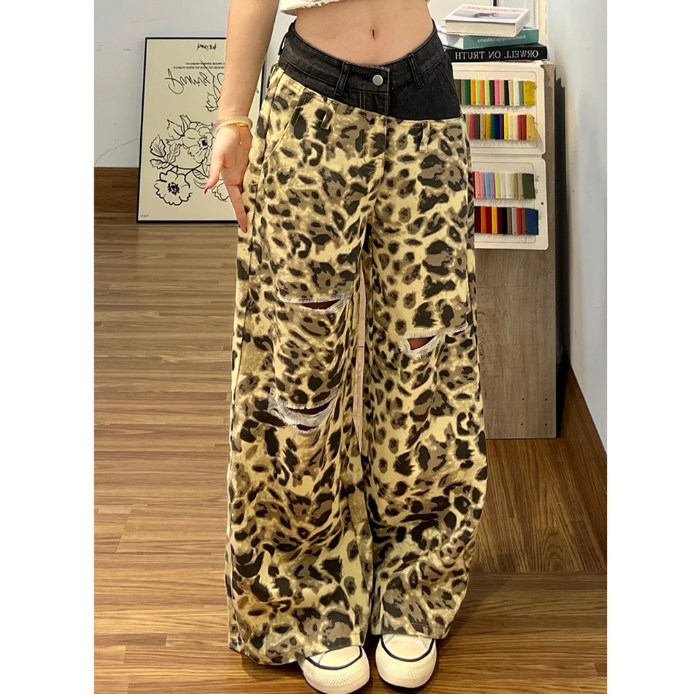 

American Spicy Girls Ripped Jeans Leopard Print Chic Design Wide Leg Straight Trousers Streetwear 2026 Spring Loose Denim Pants