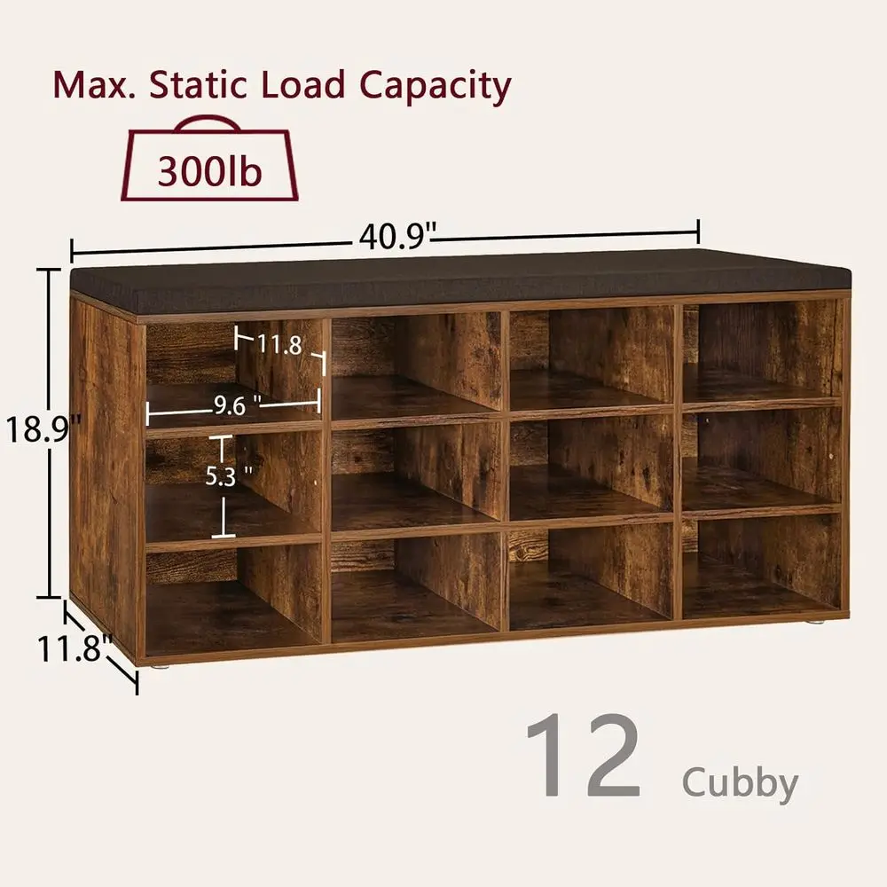 Multi-Functional 12-Cubby Shoe Storage Bench with Cushion, Adjustable Shelves, Rustic Brown for Entryway, Mudroom, Hallway, Clos