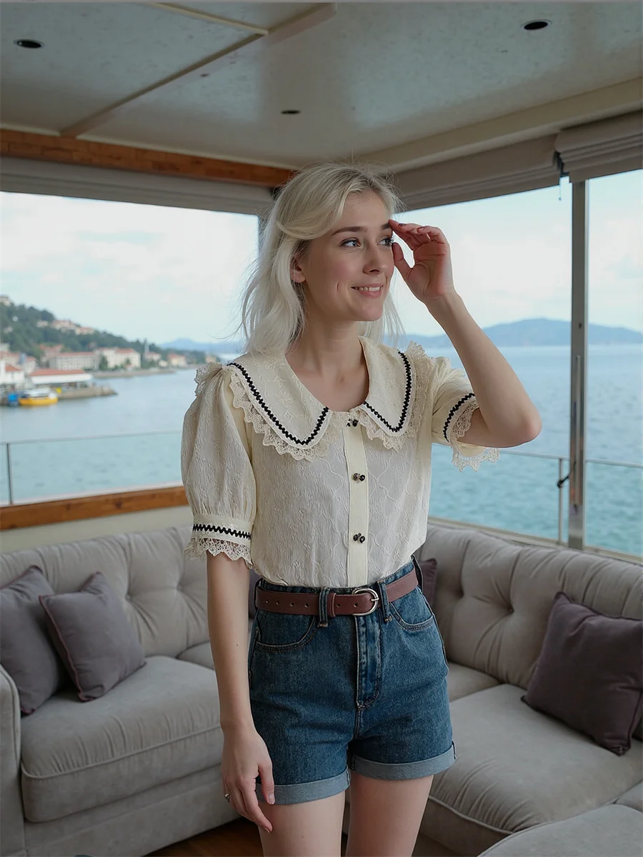 لطيف الدانتيل قمصان الفتيات البلوزات الملابس للنساء الخريف أنيقة خفيفة الوزن تجفيف الرباط المطبوعة الحافة الأساسية جودة الكرتون