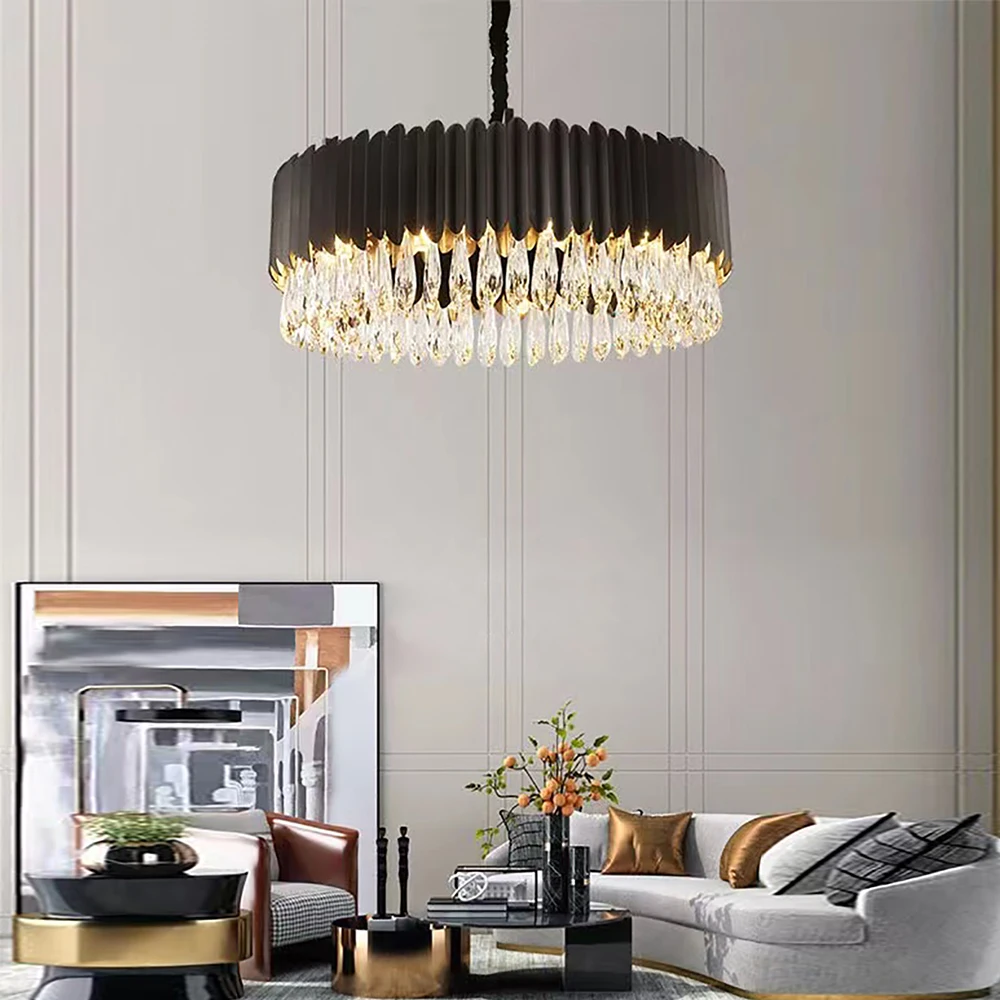 

Luxury Crystal 2024 New Ceiling Chandeliers Modern Dimmable LED Round Home Decoration Hanging Lamps Black for Living Room Decor