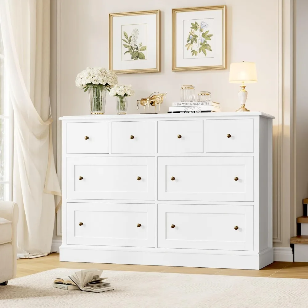 Cômoda branca elegante com 8 gavetas, cômoda de armazenamento espaçosa, 47,2 de comprimento com gavetas profundas
