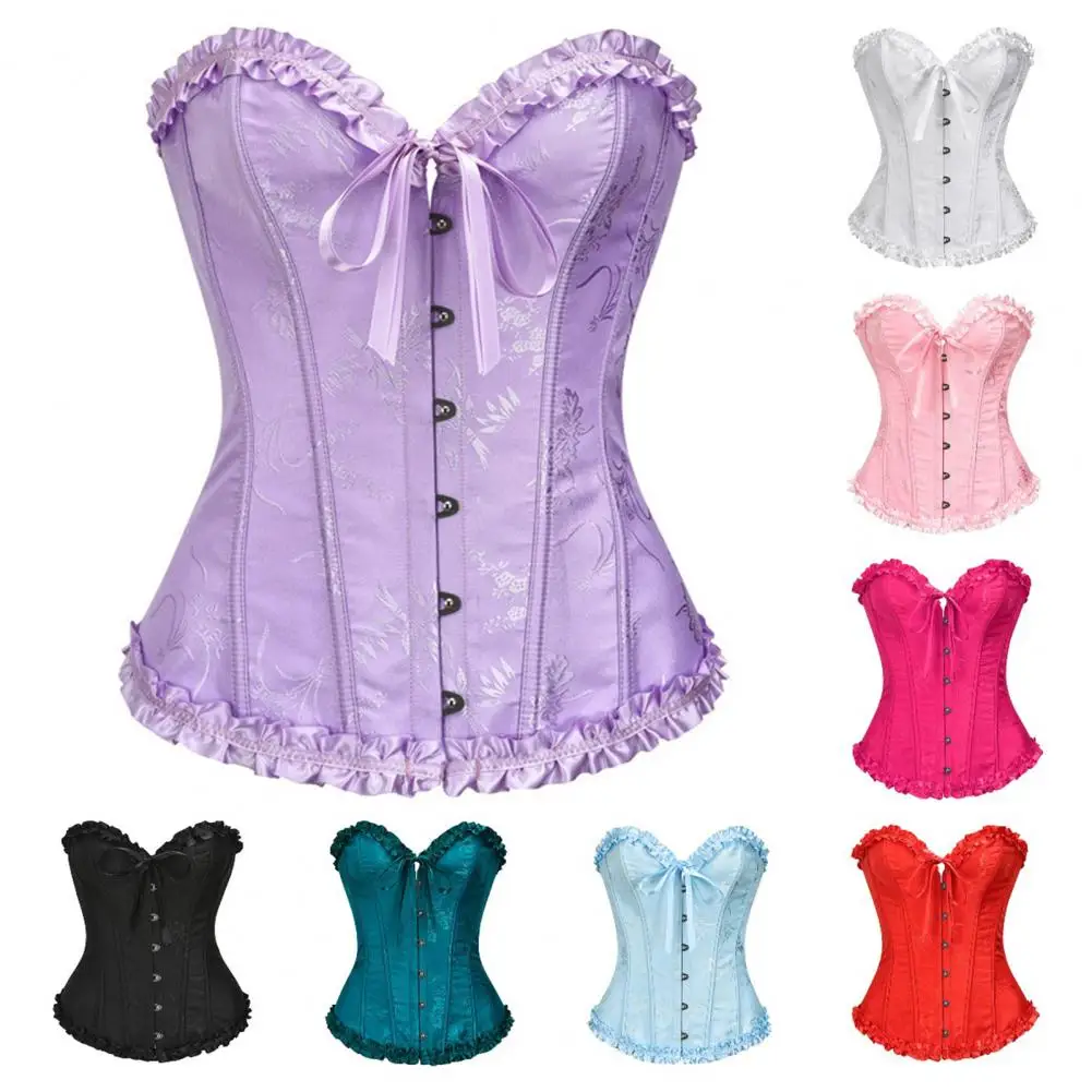 Women Corset Top Shapewear Waist Cincher Gothic Overbust Strapless Bra Ruffle Trim Lace-up Boned Bustier Tummy Control Corset