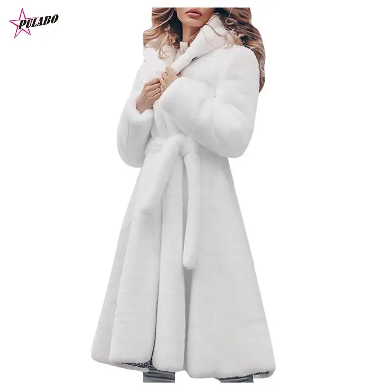 Faux Fur Coat Long Winter Thicken White Coat Lace-up Solid Color Slim Long Plush Faux Fur Hooded Warm Jacket Fashion