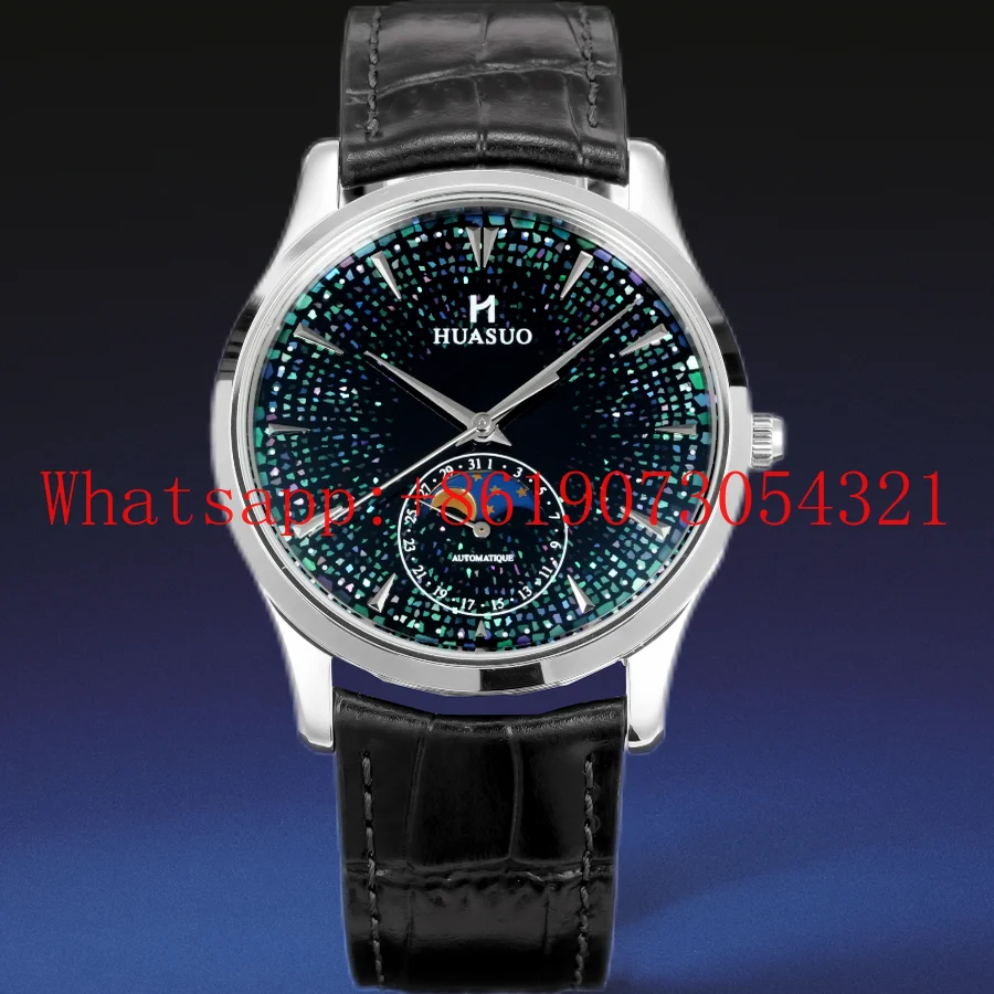 

Высококачественные мужские часы с большим лаковым циферблатом в виде улитки, автоматические механические часы с фазой луны, деловые повседневные классические водонепроницаемые часы