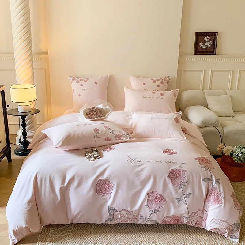 

3/4Pcs Pink Rose Flowers Embroidery 100% Cotton Bedding Set Single Queen King Size Duvet Cover Bed Sheet/Fitted Sheet Pillowcase