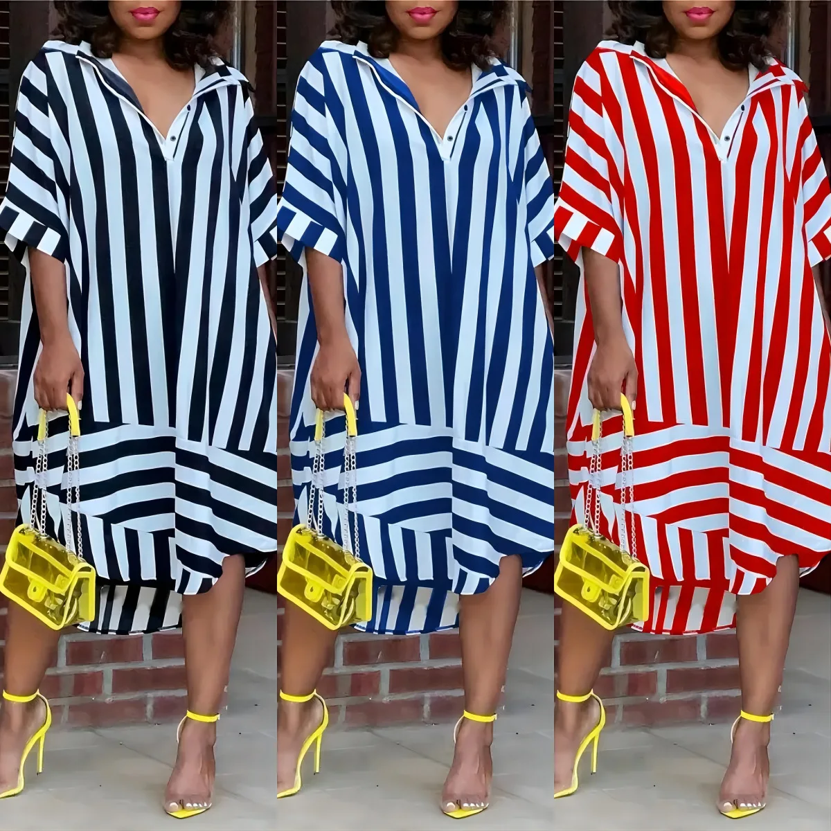 New Summer Women Dress Loose Stripe Print Short Sleeve Elegant Long Shirt Dress Party Robe Casual Dresses For Women 2024 Vestido