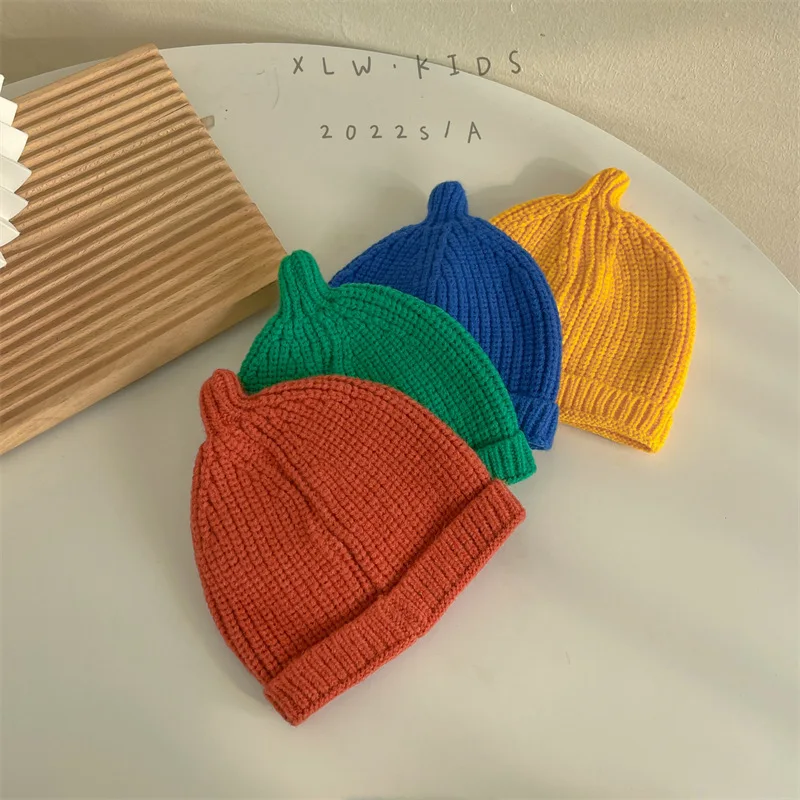 Korean Fashion Outdoor Warm Baby Bonnet Beanies Hats Candy Color Wool Caps Turban for Kids Children Girls Boys Accessories