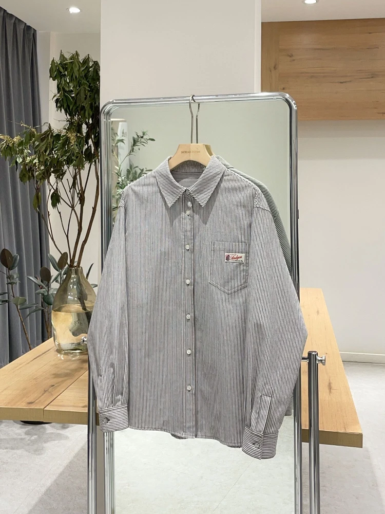 Nolara ربيع 2025 جديد فضفاض الملمس مخطط طويل Sve irt المرأة عادية Sle القطن الخالص مستقيم قطع طوق زر