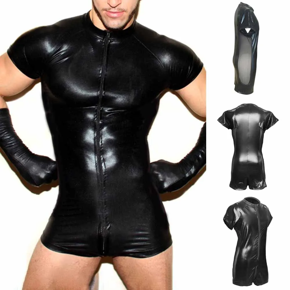 Body Sexy de cuero Pu para hombre con bragas con cremallera, mono Sexy para hombre, ropa para discoteca, leotardo, lencería exótica, Gay, Sexy, Hot