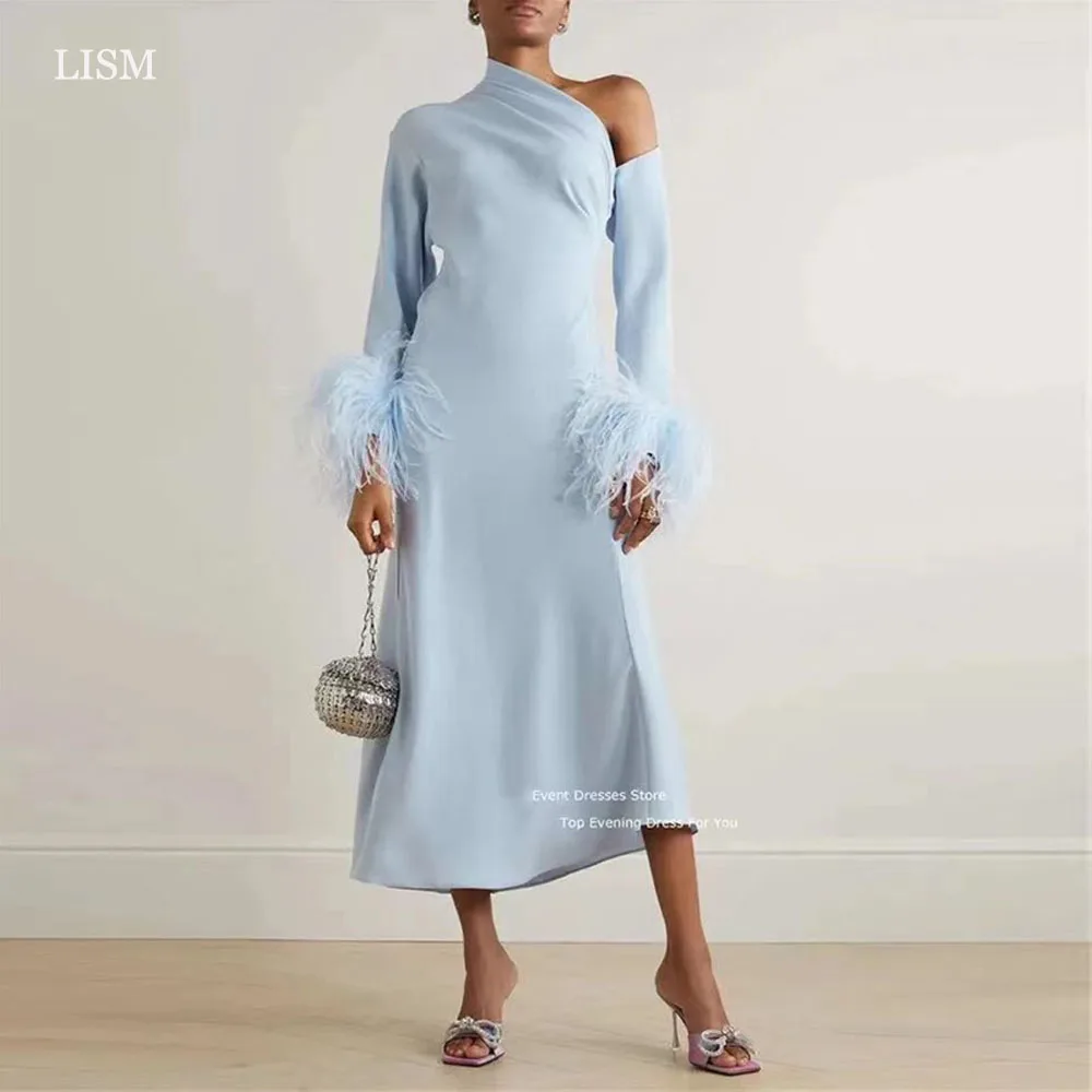 

LISM Baby Blue Prom Dress Dubai Feathers Full Sleeves Formal Occasion Dresses Robes De Soirée Saudi Arabic Women Custom Vestidos