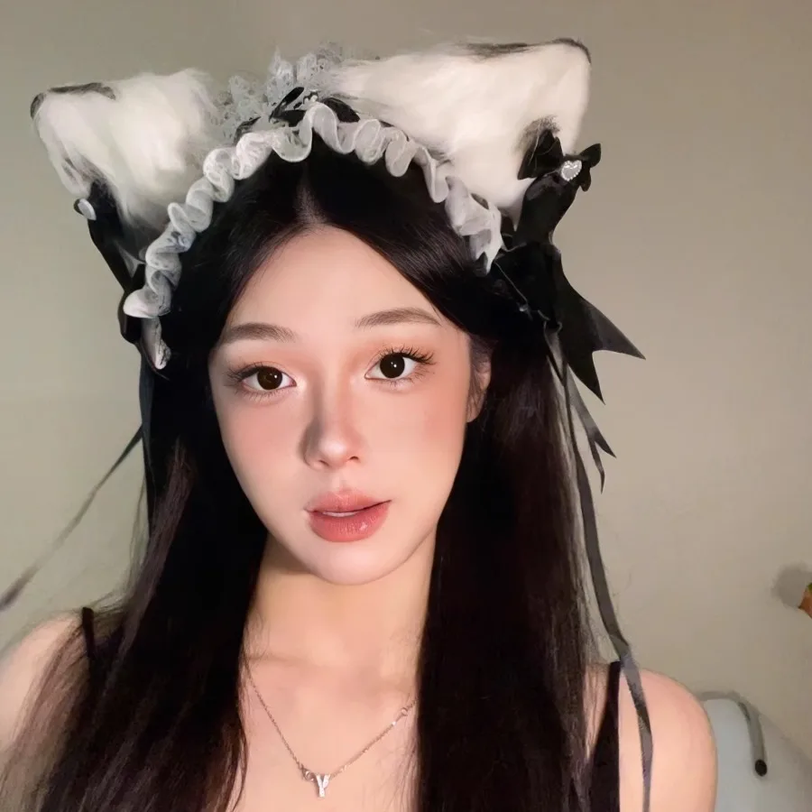 Kawaii Cat Ears Headband para Mulheres, Lace Bow Head Wrap, Lolita, Festa de Casamento, Cosplay, Empregada Headdress, Acessórios de Cabelo Anime, Meninas, 1Pc