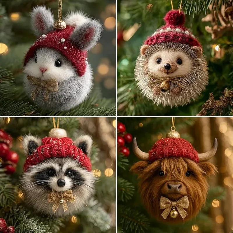 Acrylic Flat Printed Forest Animal Christmas Tree Hanging Ornament, Cute Rabbit Hedgehog Pendant Home Decor and Christmas Gift