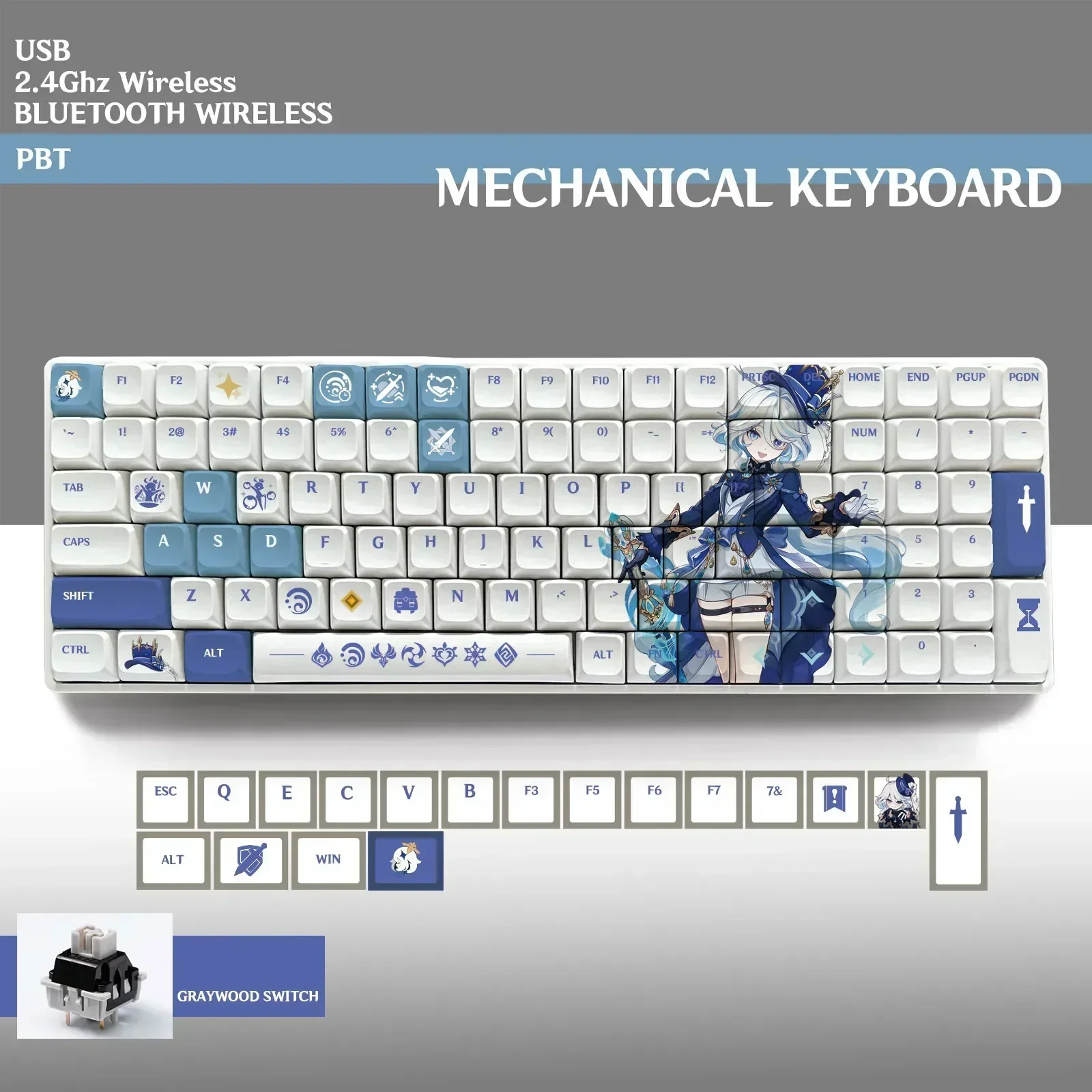 Genshin Impact Furina Wriothesley Mechanical Keyboard with Dye-sublimation 100 Keys PBT Plastic Keycaps