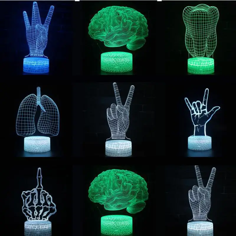 Brain 7 Color Change Led 3d Desk Lamp Remote Touch Switch Victory Sign Table Lamps For Children's Room Decoration 3d Night Light