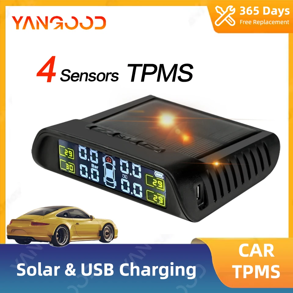 

АВТОМОБИЛЬНЫЙ TPMS Солнечная автомобильная сигнализация давления в шинах Цифровой цветной ЖК-дисплей 4, внешние и встроенные датчики, водонепроницаемый датчик давления в шинах