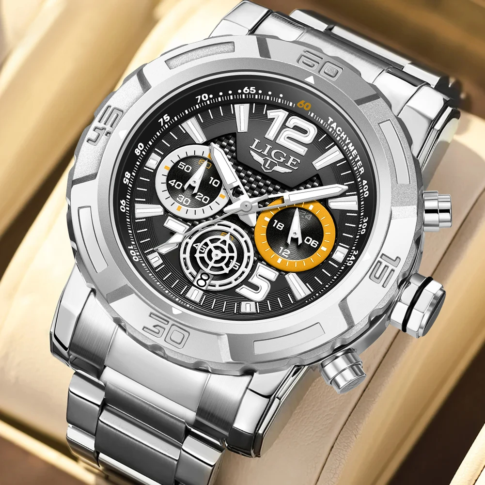 

LIGE Casual Big Dial Men Watches Top Brand Luxury Stainless Steel Waterproof Chronograph Quartz Watch for Men Relogios Masculino