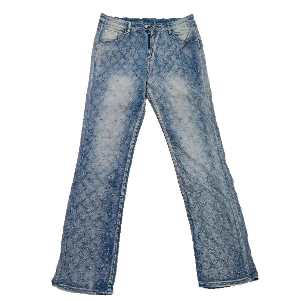 Denim Straight Ankle Length Pants Men Jean Washed Vintage Pearl Jeans Print Pockets High Street Spliced Distressed 2025