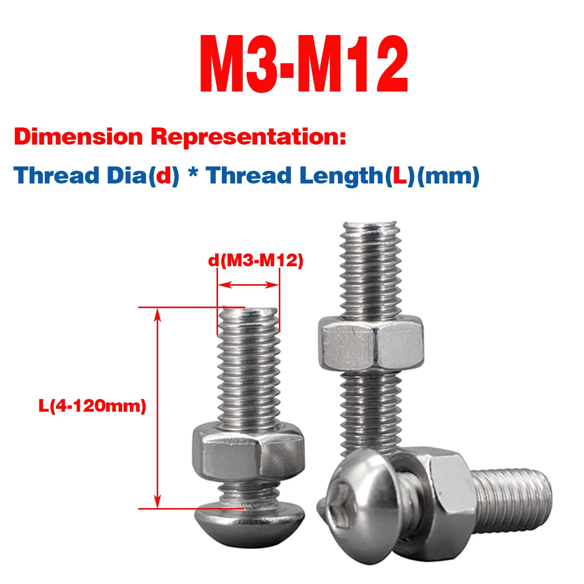 

304 SS Round Head / Button Head Hexagon Socket Screw Nut Combination M3-M12