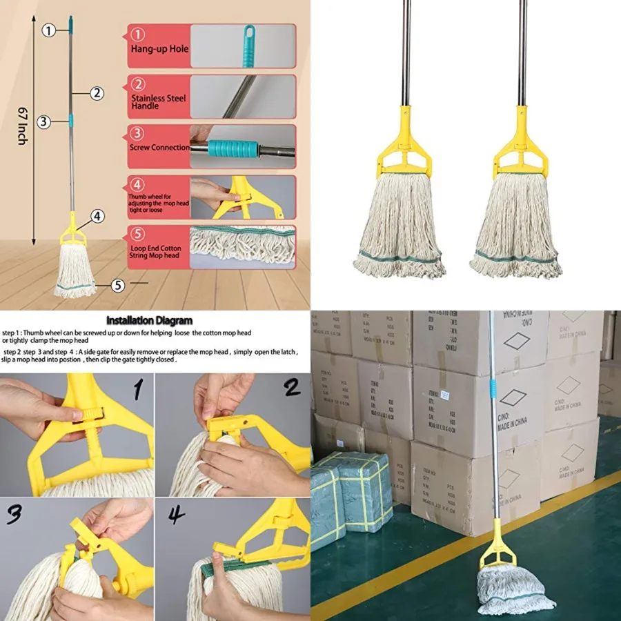 

OFO Loop-End String Wet Mop, Heavy Duty Commercial Industrial Dust Mop, 67inch Stainless Steel Pole, 2- Pack