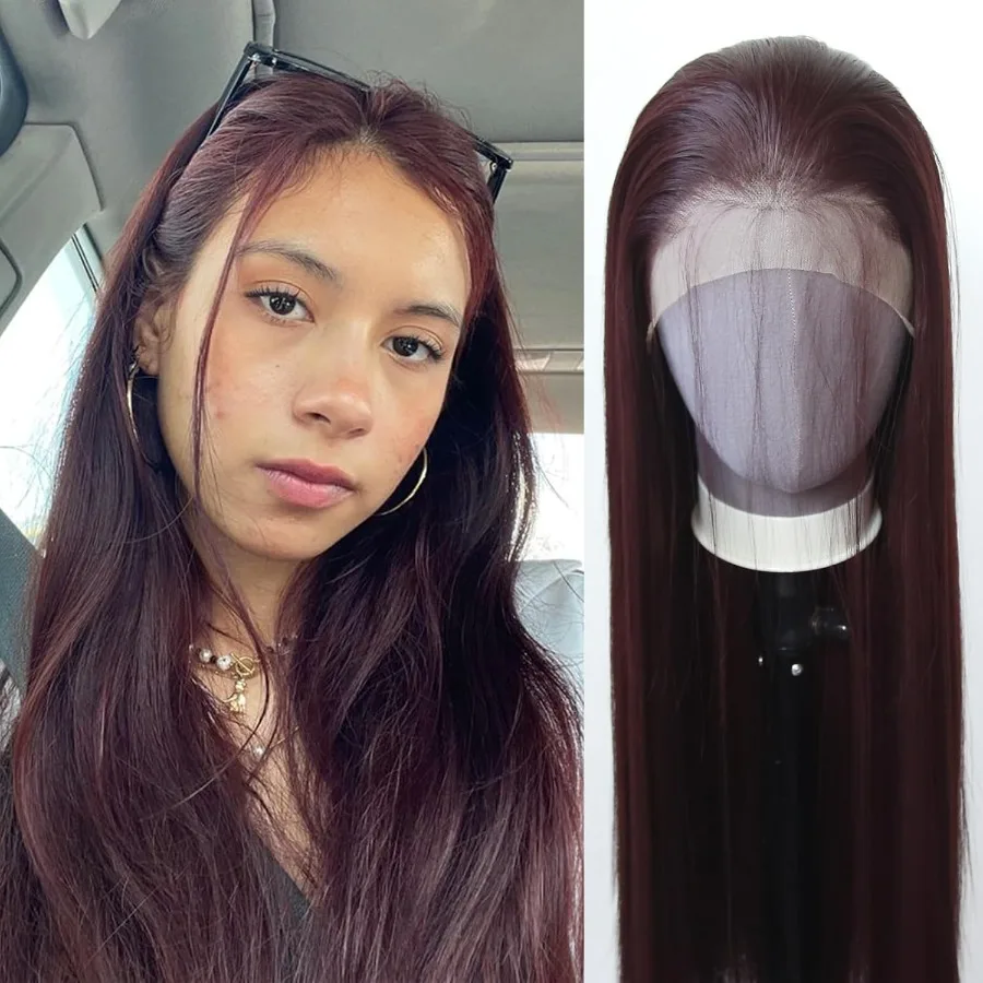 Peruka 99J Długa Prosta Bordowa Syntetyczna Peruka typu Lace Front z Wstępnie Wyskubaną Linią Włosów dla Kobiet Modnych, Odporna na Ciepło, Bezklejowa Syntetyczna