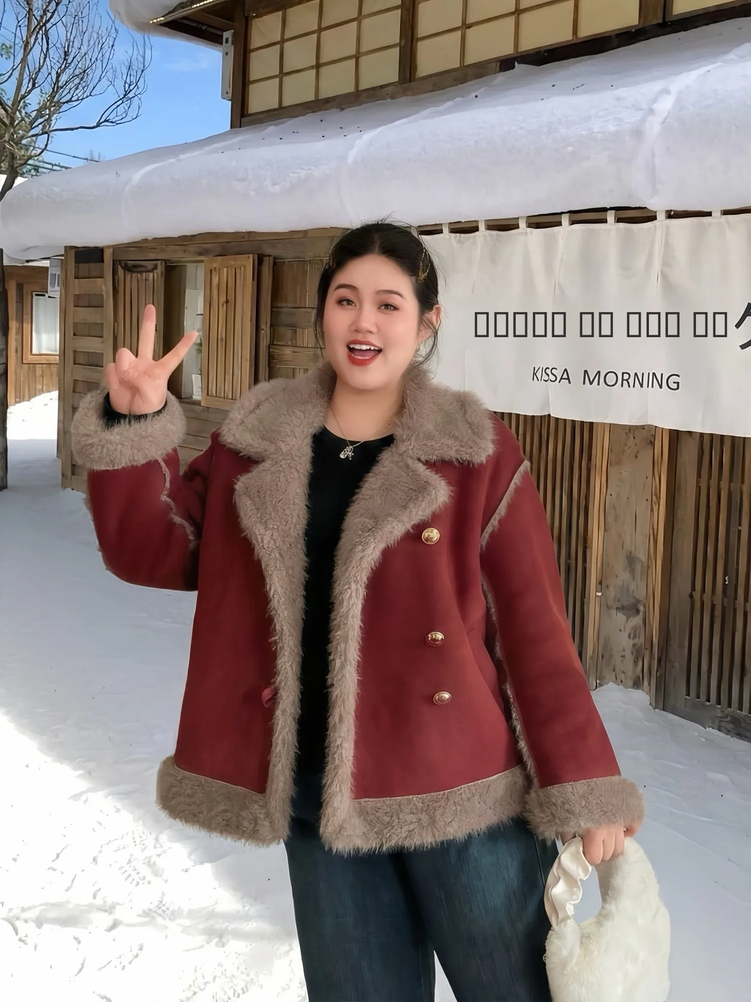 

plus Size Winter Short Jacket F16633 with Fur Collar Thickened Fleece Lined Warm Loose Belly Covering Commute Top for Women