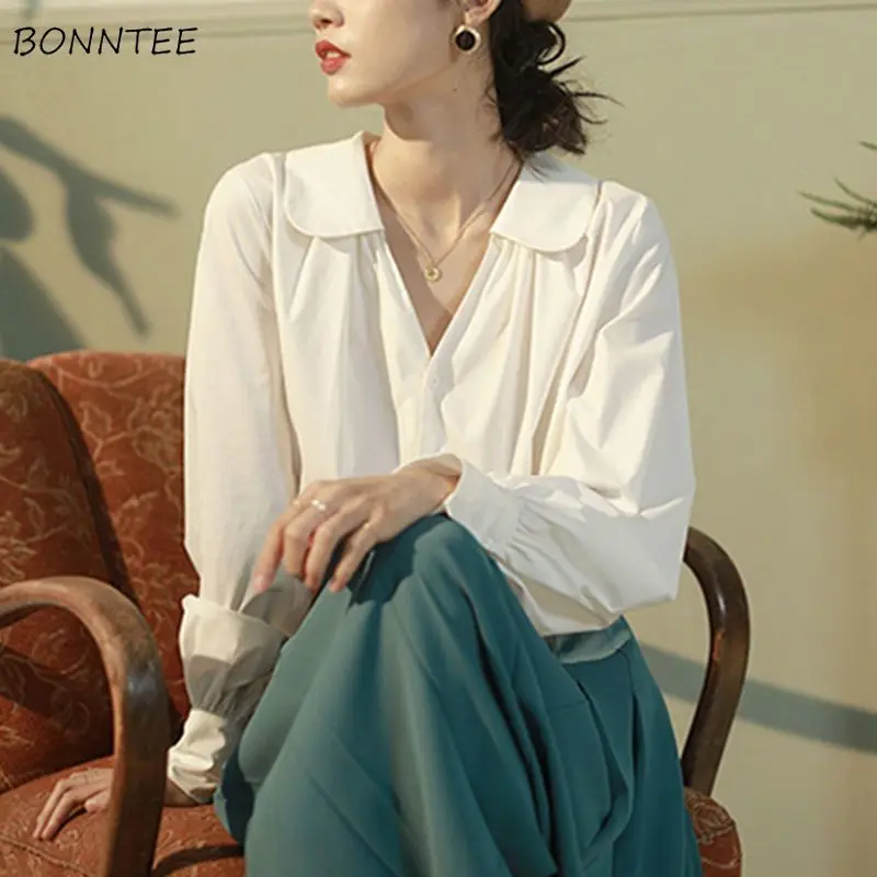 Pure Color Shirts Women Clothes Elegant French Stylish Temper Lantern Sleeve Minimalist All-match Loose Casual Ladies Рубашки