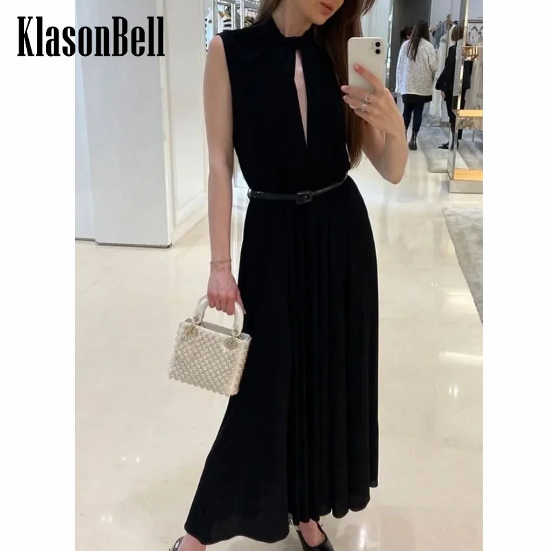 

7.1 KlasonBell Female Temperament Elegant Stand Collar Sleeveless Black Dress Ruched With Belt Collect Waist Maxi Dress