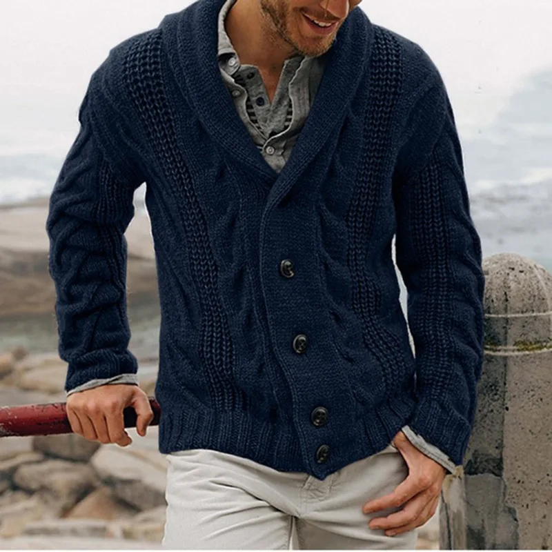 2022 Men\'s Winter Cardigan Sweater solid color Shawl Collar Cardigan Sweater Button Down Cable Knitted Sweater Casual Coat