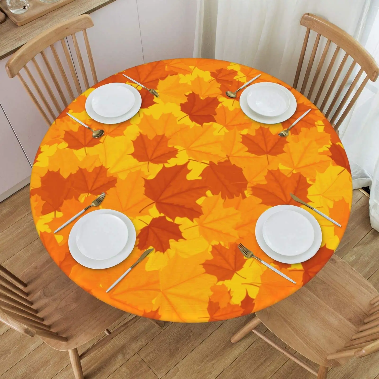 

Fall Leaf Round Table Cloth Waterproof Dining Tablecloth Elastic Edge Fitted Thanksgiving Table Cover for Indoor Outdoor Decor