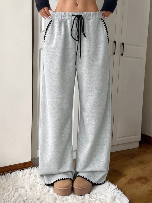 Women Wide Leg Sweatpants Drawstring Elastic Waist Contrast Stitch Trim Loose Casual Baggy Trousers With Pockets