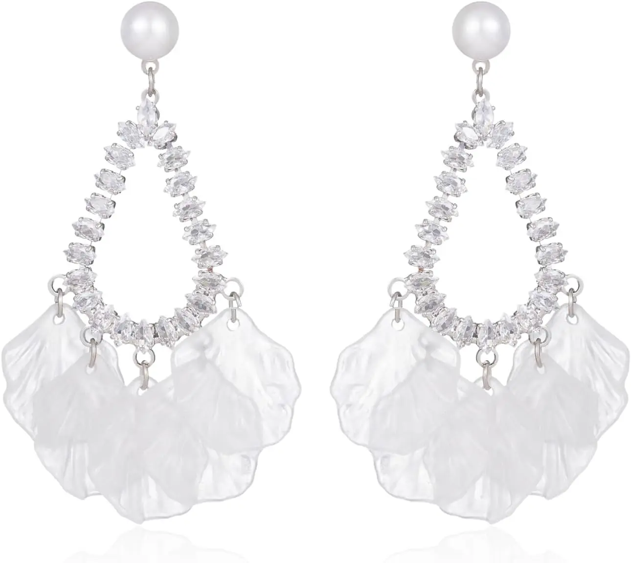 

White Red Floral Petal Dangle Drop Earrings with Cubic Zirconia Matte Finish Jewelry Gift for Women