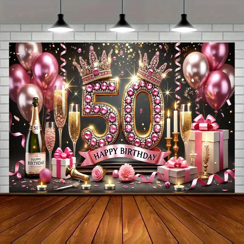 Ein elegantes 50. Geburtstagsparty-Banner – Polyester-Hintergrund, mit goldenen und rosa Dekorationen, Champagner, Geschenken und Luftballons