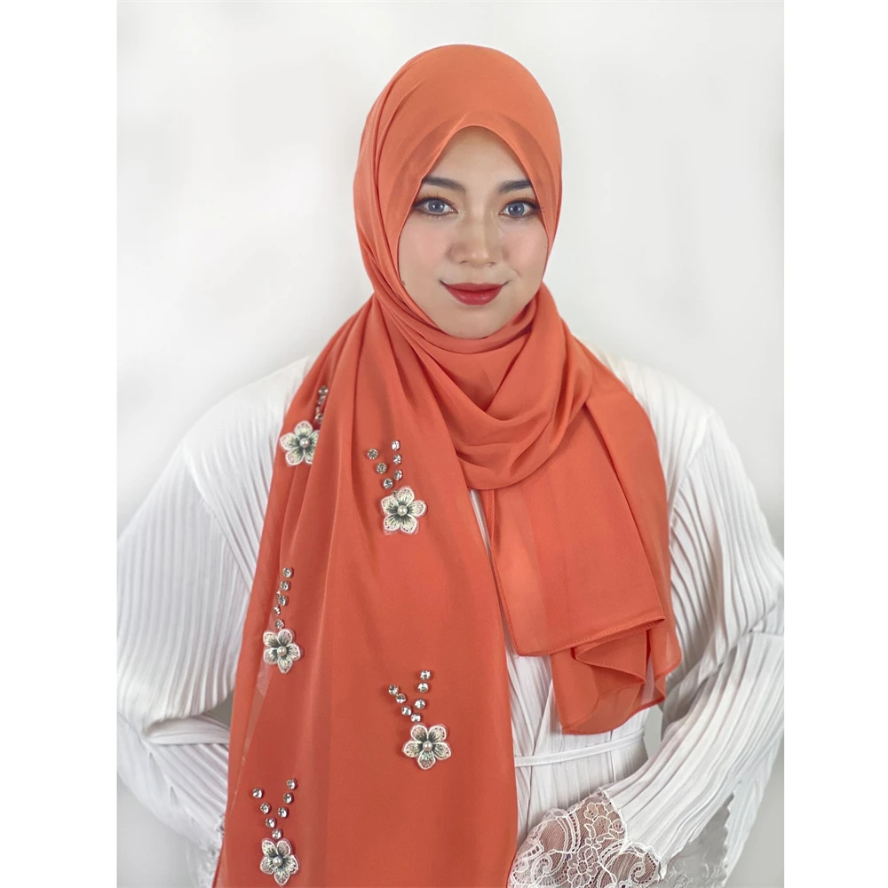 Bolha Pérola Chiffon Cachecol para Mulheres, Hijab Muçulmano, Turbante, Estolas Islâmicas, Xale Flor, Envoltório Lenço, Lenços, Malásia