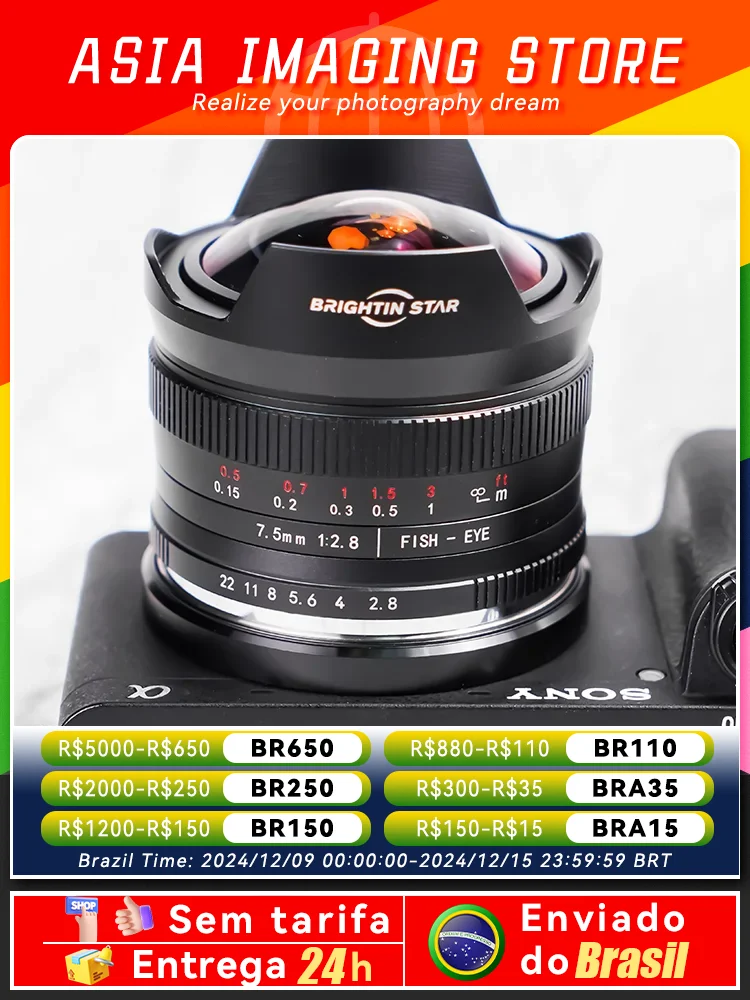 【 Do Brasil 】 Brightin Star 7.5mm F2.8 II Mirrorless Camera Wide Angle Fisheye Lens for Sony Canon EF-M Fujifilm Nikon 7.5 2.8