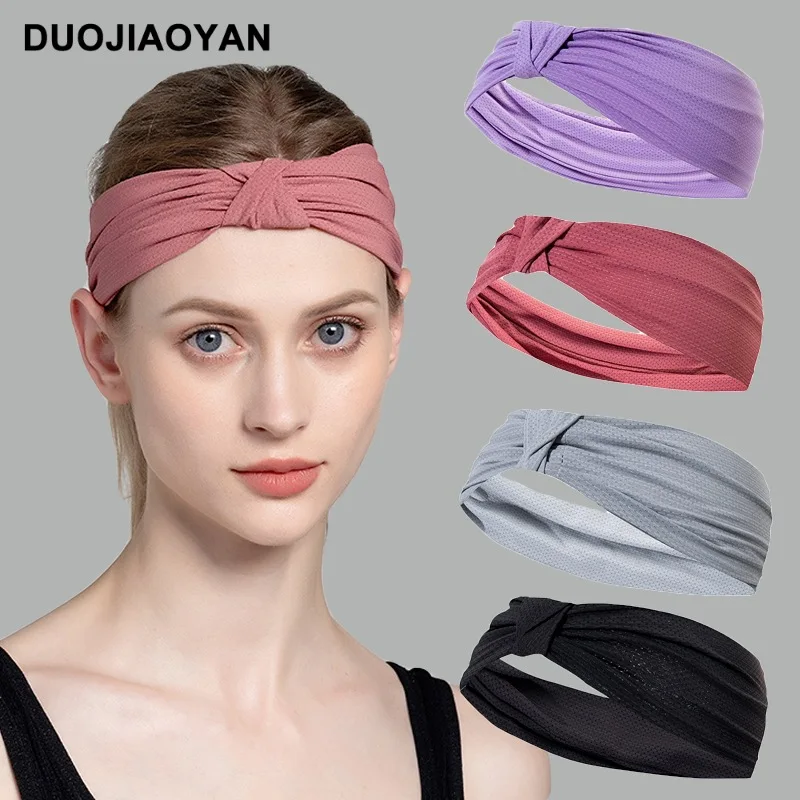 

European American New High Elastic Double-Layer Breathable Mesh Pure Color and Knotted Wide Hair Band Sports Fitness Antiper