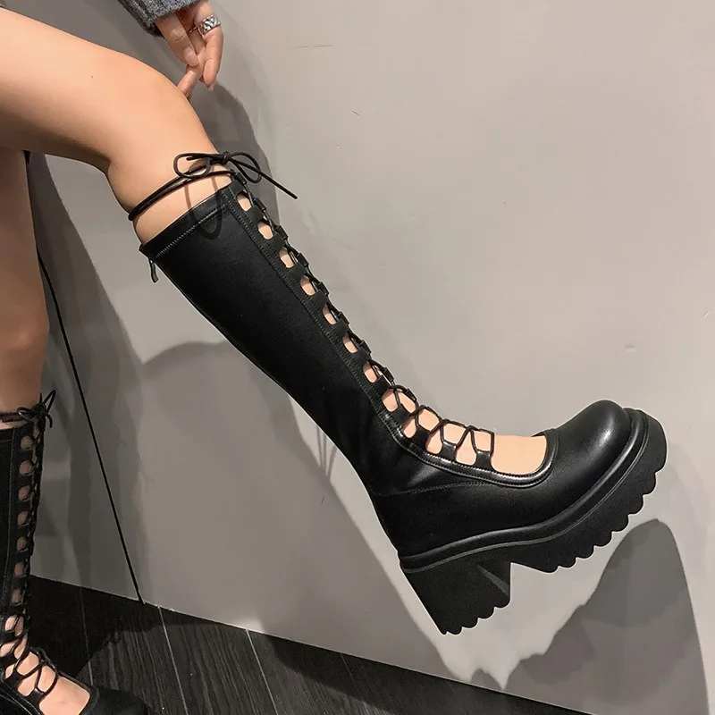 Comemore Summer Women High Boots Fashion Lace Up Platform Heel Shoes Ladies Elegant Women\'s Black Hollow Out Cool Knight Botas