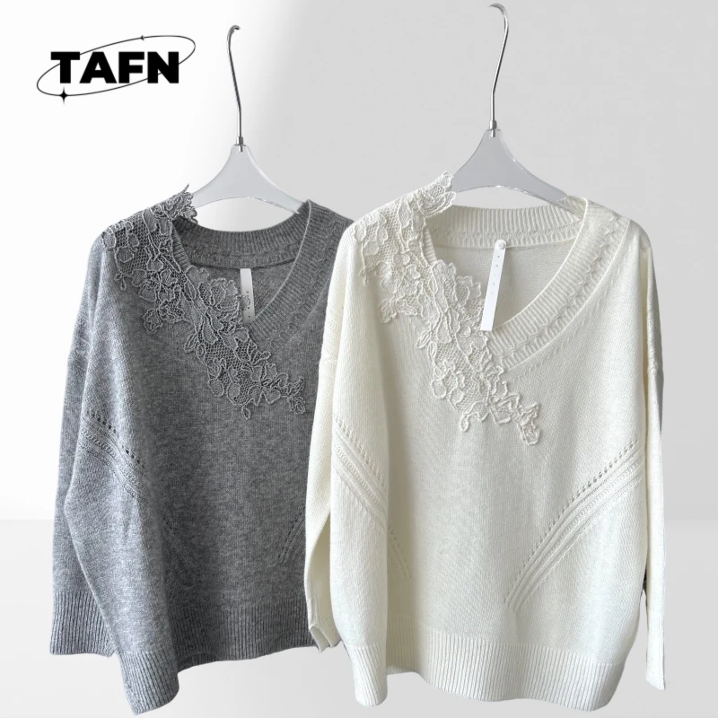 24 Lace Wool Style Wool Warm Windproof Casual Women's Sweater V-neck Trendy High-End and Fashionable Simple  top donna