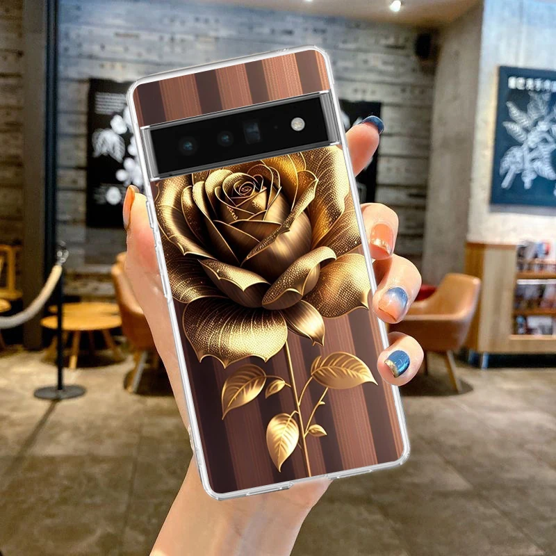 Gold Rose Love Heart Phone Case Cover for Google Pixel 9 8 7 6 5 4 4XL 7A 6A 5A 4A 3A 3A XL Pro 5G Transparent Silicone Shell