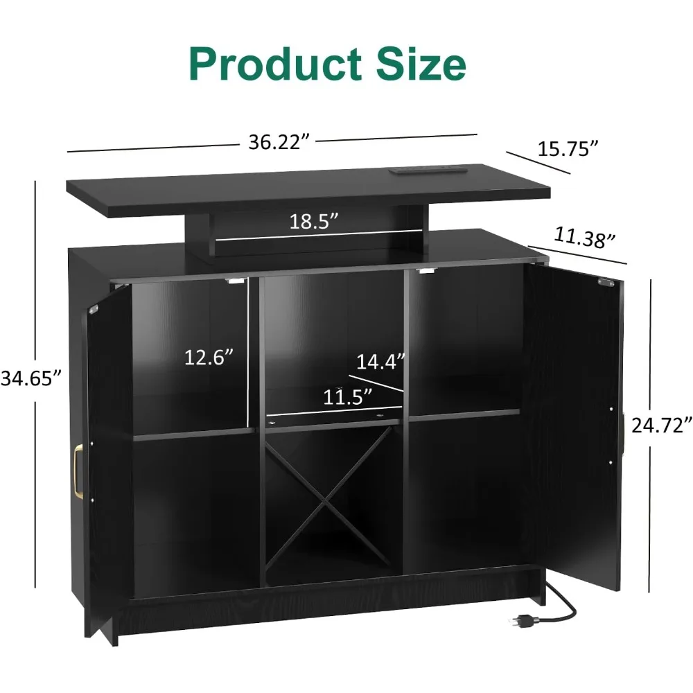 LED-Illuminated Coffee Bar Cabinet with Power Outlet, Storage, and Removable Shelves for Wine Enthusiasts