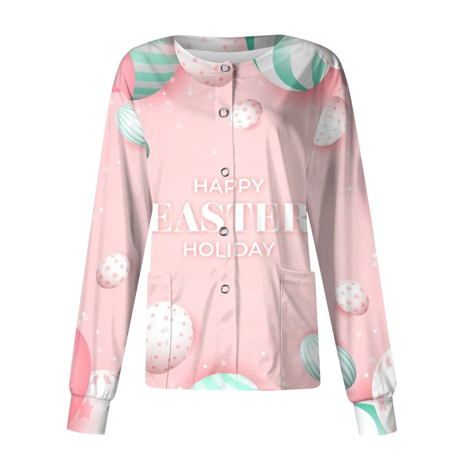 

Easter Printed Workwear For Women'S Casual Long Sleeved Single Breasted Nursing Workwear Cardigan Top Easter Clothing