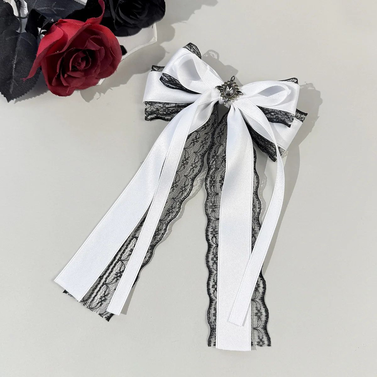 Gotische Schwarz-Rote Spitzen-Satin-Haarspange mit Vintage-Strass-Quaste, Lolita-Haaraccessoires für Alltag, Party und Hochzeit – Detail 7