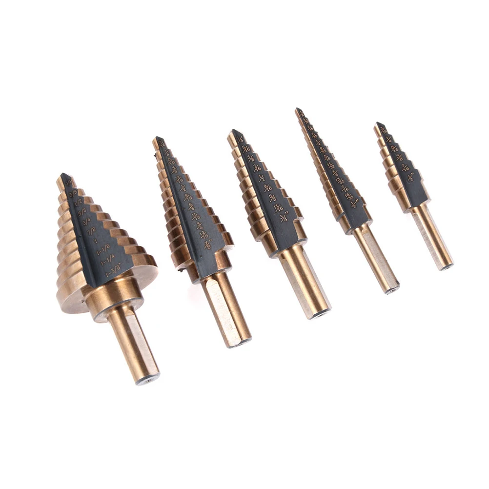 

5pcs Steel Bit Set Cobalt Coated Hole Cone Step Drill Bits Self Starting No Pilot Hole Automatic Deburring for Wood